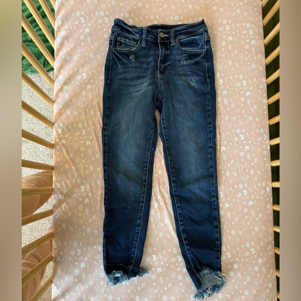 KanCan Dark Blue High-Rise Skinny Jeans with Frayed Hem